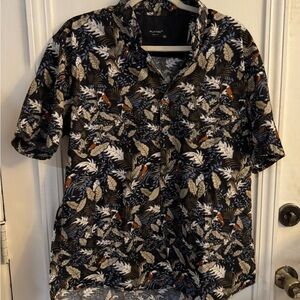 Casual Black and Orange Button Down Shirt with Artistic Pattern